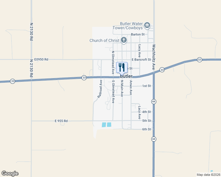 map of restaurants, bars, coffee shops, grocery stores, and more near 205 North Olmstead Avenue in Butler