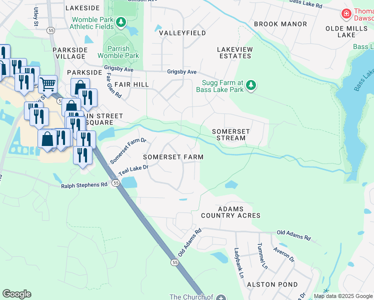 map of restaurants, bars, coffee shops, grocery stores, and more near 109 Hidden Farm Lane in Holly Springs