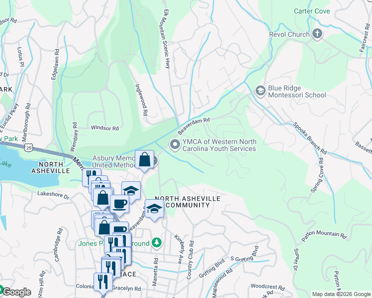 map of restaurants, bars, coffee shops, grocery stores, and more near 108 Beaver Ridge Road in Asheville