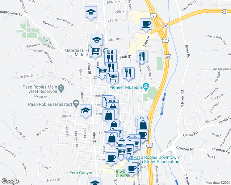 map of restaurants, bars, coffee shops, grocery stores, and more near 721 20th Street in Paso Robles