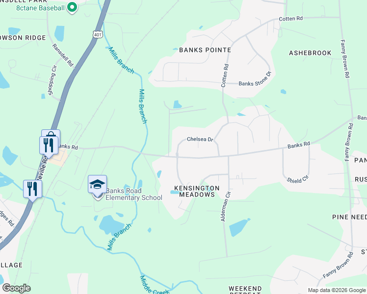 map of restaurants, bars, coffee shops, grocery stores, and more near 9037 Chelsea Drive in Raleigh