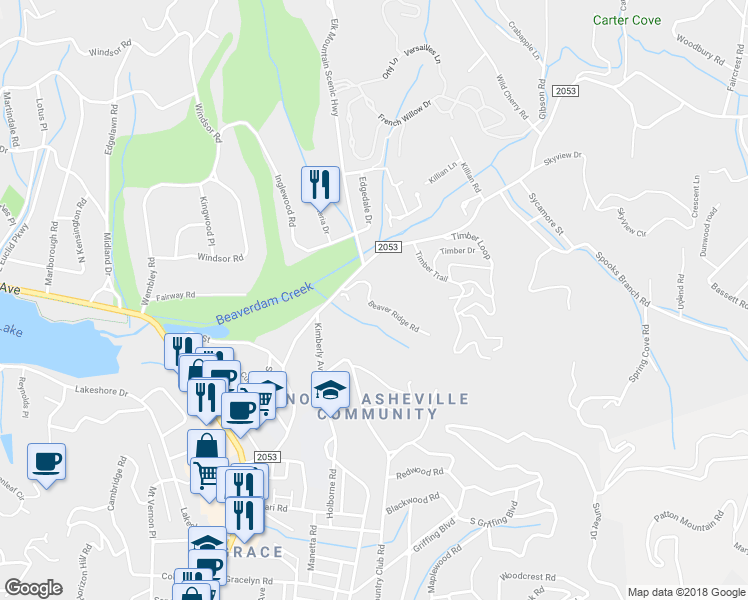 map of restaurants, bars, coffee shops, grocery stores, and more near 108 Beaver Ridge Road in Asheville