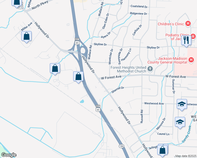 map of restaurants, bars, coffee shops, grocery stores, and more near 1391-1405 Hollywood Dr in Jackson