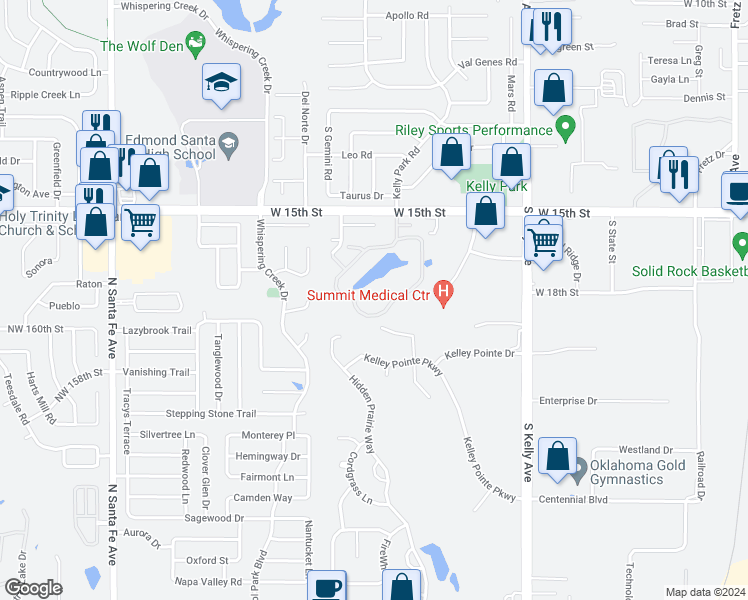 map of restaurants, bars, coffee shops, grocery stores, and more near 1229 Lakeshore Drive in Edmond
