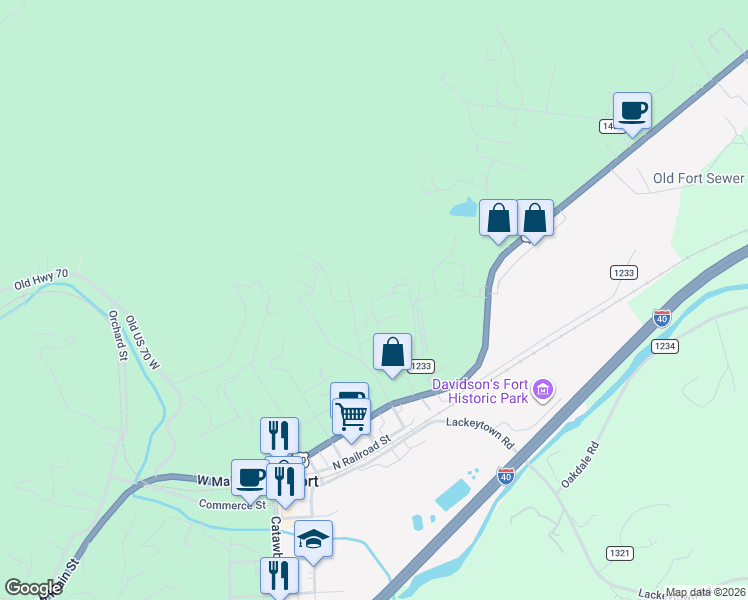map of restaurants, bars, coffee shops, grocery stores, and more near 40 Logan Street in Old Fort
