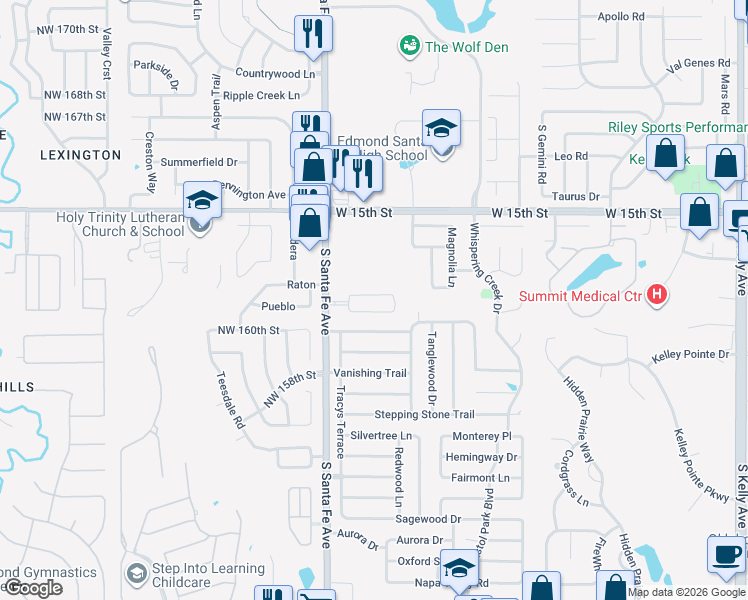 map of restaurants, bars, coffee shops, grocery stores, and more near 16201 North Santa Fe Avenue in Edmond