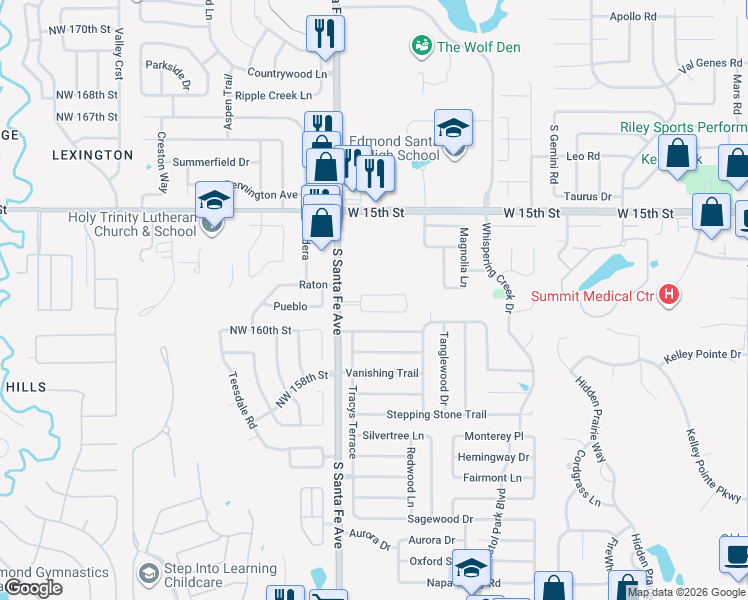 map of restaurants, bars, coffee shops, grocery stores, and more near 16201 North Santa Fe Avenue in Edmond