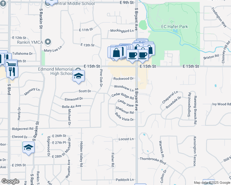 map of restaurants, bars, coffee shops, grocery stores, and more near 1213 Cedar Ridge Road in Edmond
