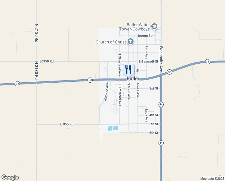 map of restaurants, bars, coffee shops, grocery stores, and more near 205 North Olmstead Avenue in Butler