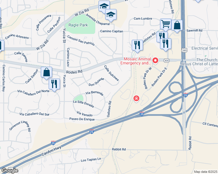 map of restaurants, bars, coffee shops, grocery stores, and more near 2828 Don Quixote in Santa Fe