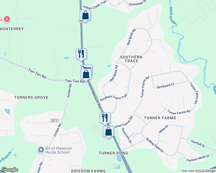 map of restaurants, bars, coffee shops, grocery stores, and more near 1036 Red Brick Road in Garner