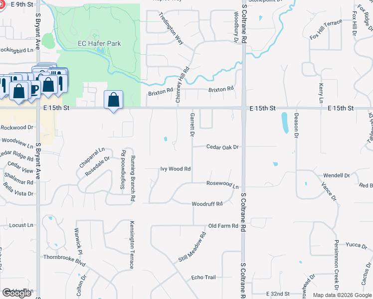 map of restaurants, bars, coffee shops, grocery stores, and more near 1727 Garrett Drive in Edmond