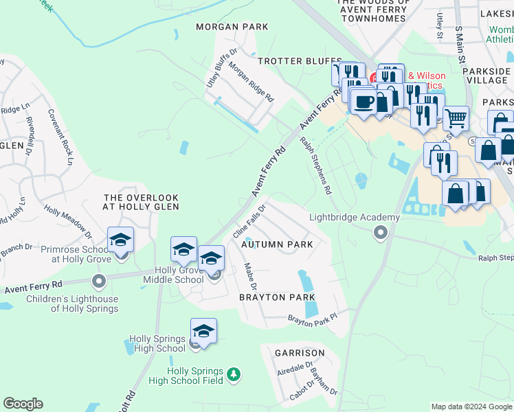 map of restaurants, bars, coffee shops, grocery stores, and more near 504 Cline Falls Dr in Holly Springs