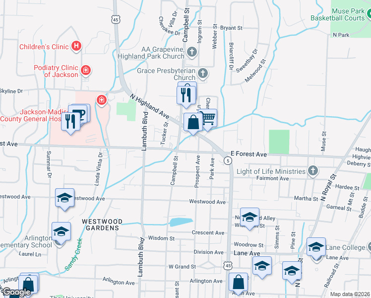 map of restaurants, bars, coffee shops, grocery stores, and more near 321 West Forest Avenue in Jackson