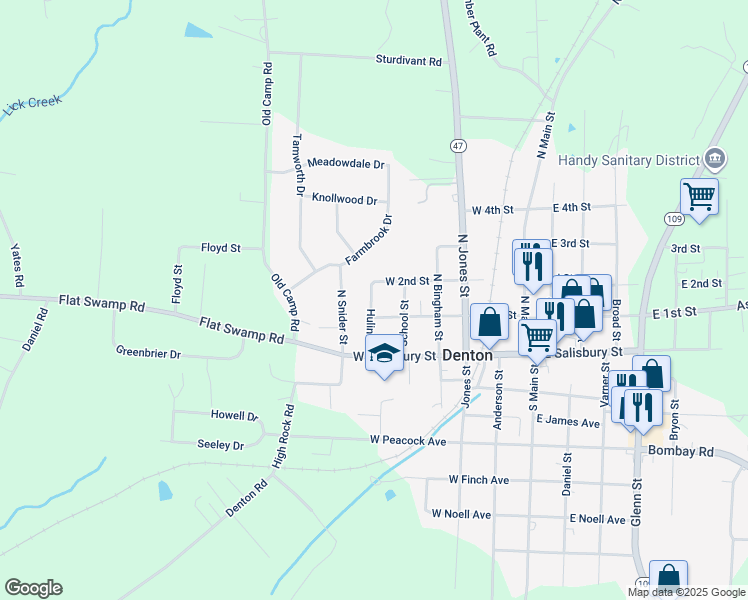 map of restaurants, bars, coffee shops, grocery stores, and more near 132 Hulin Street in Denton