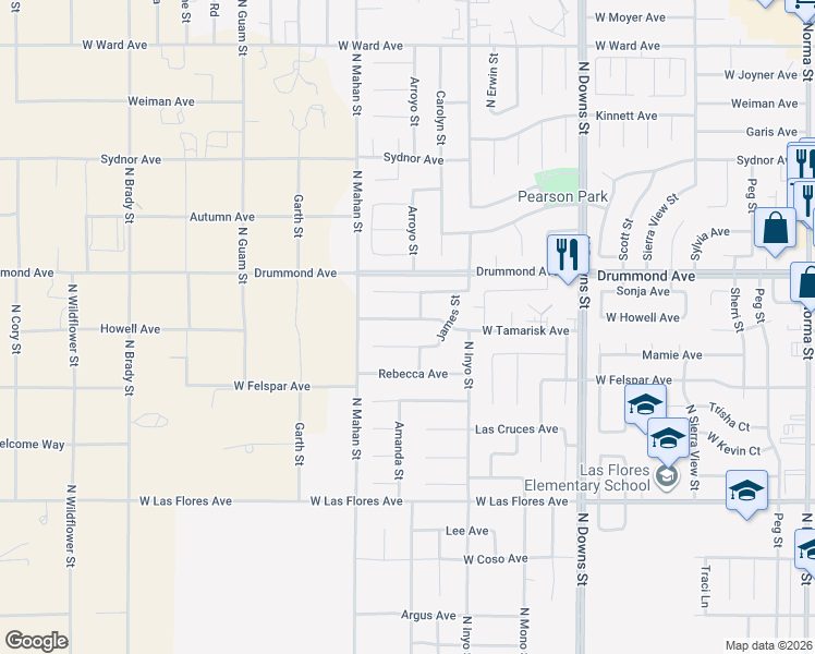 map of restaurants, bars, coffee shops, grocery stores, and more near 1201 W Tamarisk Ave in Ridgecrest