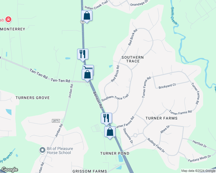map of restaurants, bars, coffee shops, grocery stores, and more near 1036 Red Brick Road in Garner