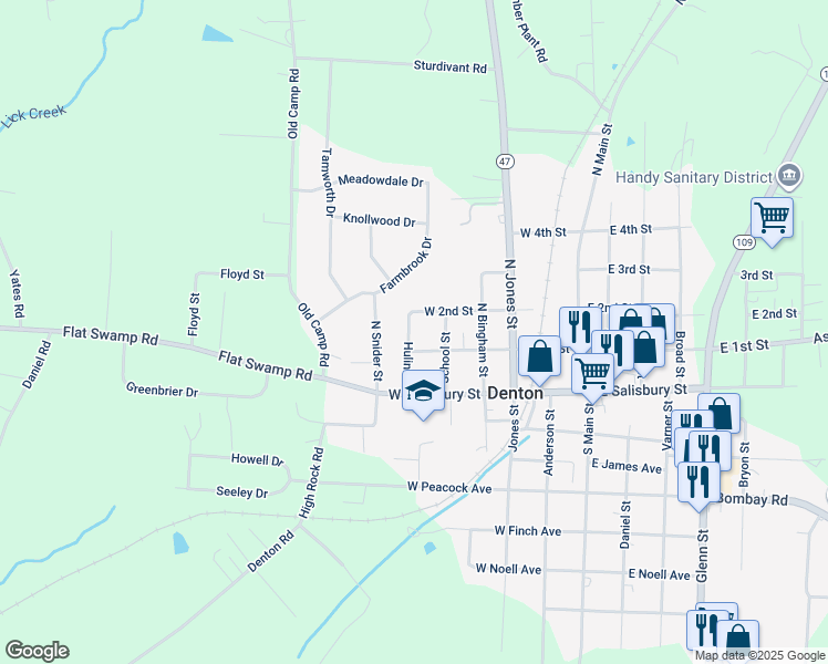 map of restaurants, bars, coffee shops, grocery stores, and more near 332 West 1st Street in Denton