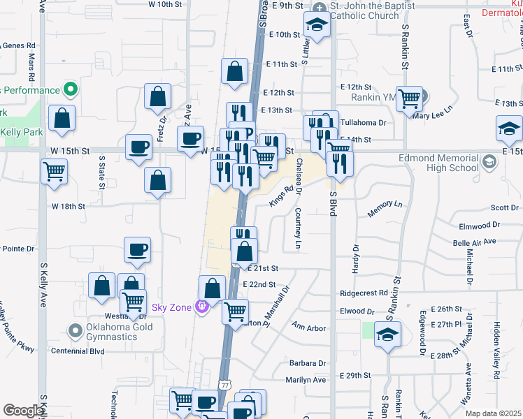 map of restaurants, bars, coffee shops, grocery stores, and more near 1730 Kings Road in Edmond