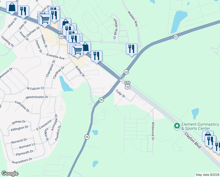 map of restaurants, bars, coffee shops, grocery stores, and more near 1233 Tulip Street in Clayton