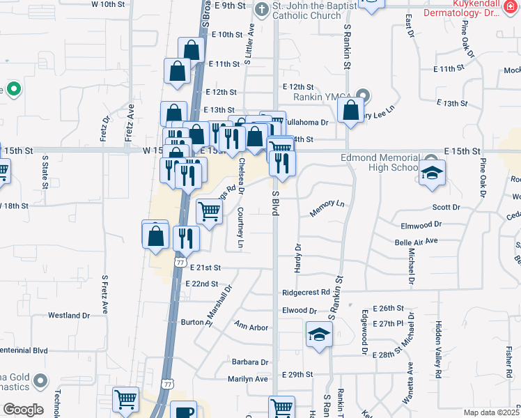 map of restaurants, bars, coffee shops, grocery stores, and more near 113 Sahoma Terrace in Edmond