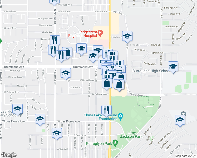 map of restaurants, bars, coffee shops, grocery stores, and more near 800 North Sanders Street in Ridgecrest