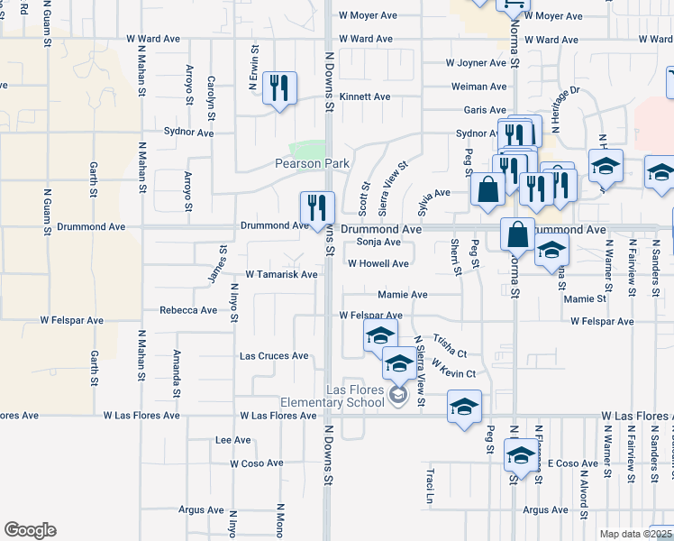 map of restaurants, bars, coffee shops, grocery stores, and more near 843 West Howell Avenue in Ridgecrest