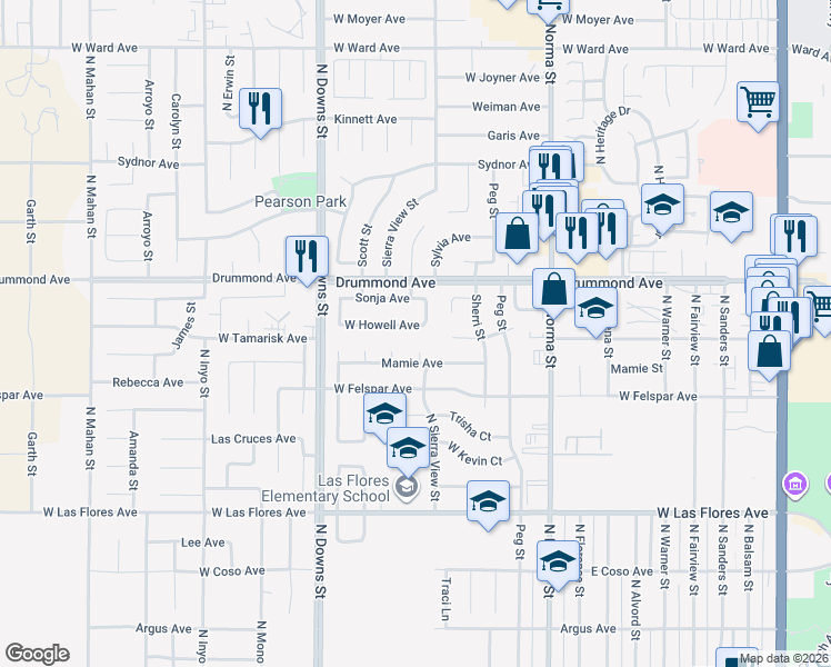 map of restaurants, bars, coffee shops, grocery stores, and more near 707 West Howell Avenue in Ridgecrest