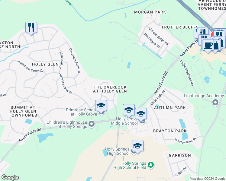 map of restaurants, bars, coffee shops, grocery stores, and more near 225 Harbor Fog Trail in Holly Springs