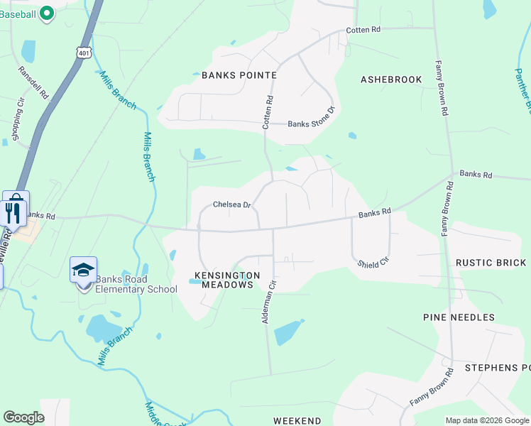 map of restaurants, bars, coffee shops, grocery stores, and more near 9008 Chelsea Drive in Raleigh