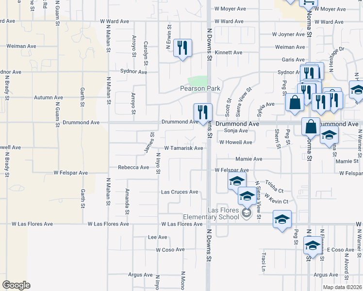 map of restaurants, bars, coffee shops, grocery stores, and more near 800 Beach Court in Ridgecrest