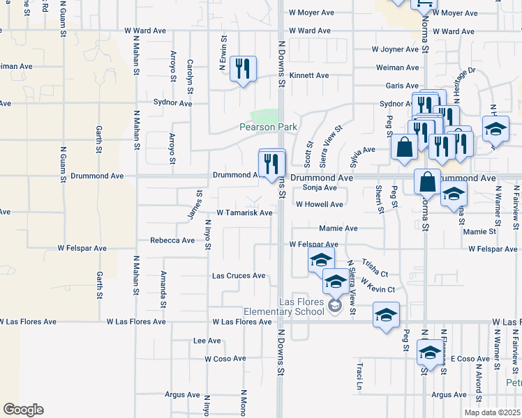 map of restaurants, bars, coffee shops, grocery stores, and more near 800 Capehart Court in Ridgecrest