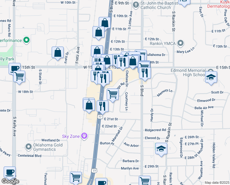 map of restaurants, bars, coffee shops, grocery stores, and more near 1730 Kings Road in Edmond