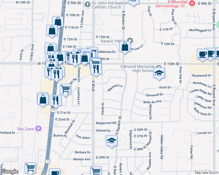 map of restaurants, bars, coffee shops, grocery stores, and more near 313 Memory Lane in Edmond