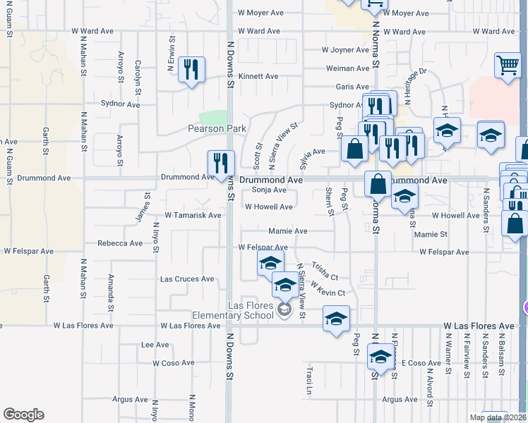 map of restaurants, bars, coffee shops, grocery stores, and more near 807 West Howell Avenue in Ridgecrest