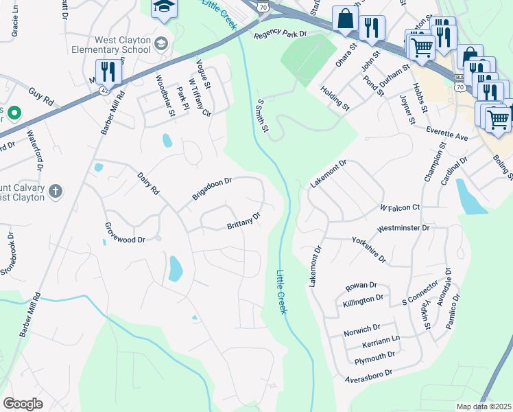 map of restaurants, bars, coffee shops, grocery stores, and more near 2913 Brittany Drive in Clayton