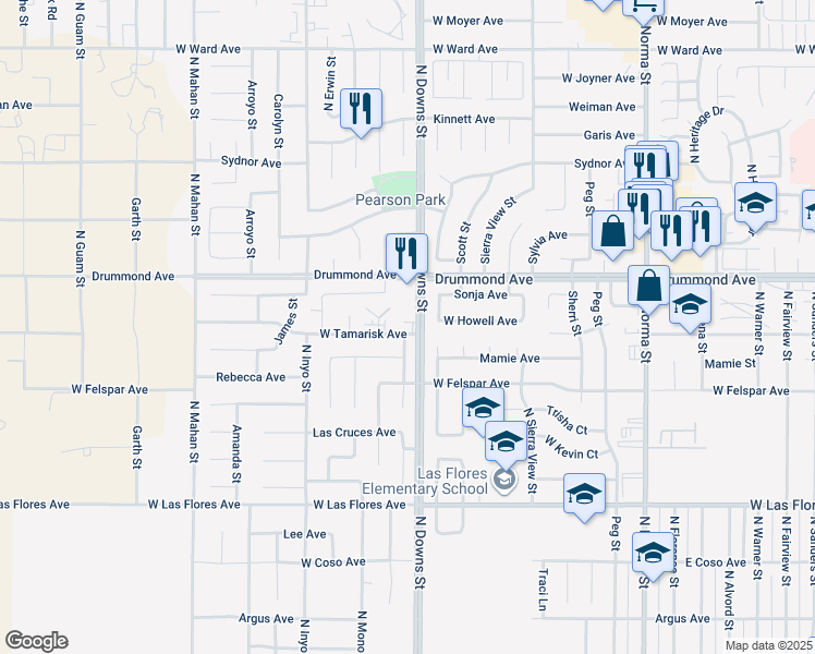 map of restaurants, bars, coffee shops, grocery stores, and more near 801 North Downs Street in Ridgecrest