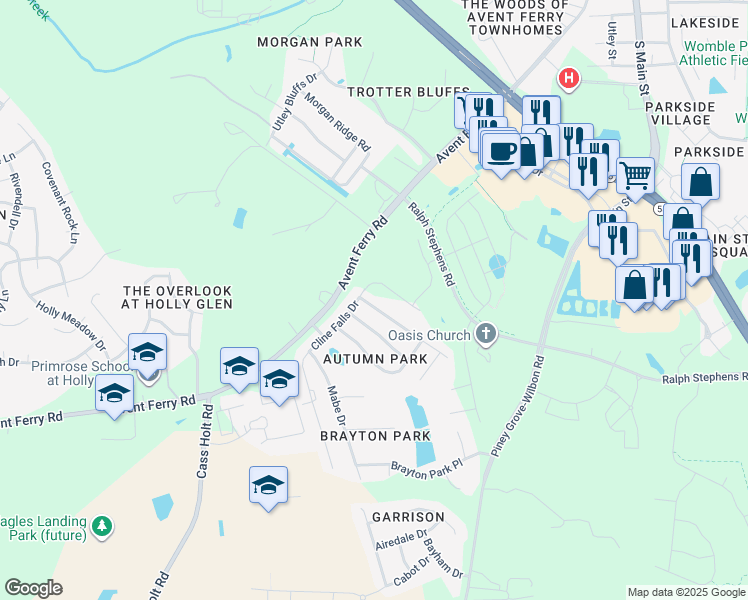 map of restaurants, bars, coffee shops, grocery stores, and more near 109 Jasper Point Drive in Holly Springs
