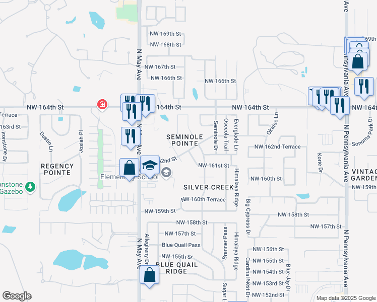 map of restaurants, bars, coffee shops, grocery stores, and more near 3309 Northwest 161st Street in Edmond