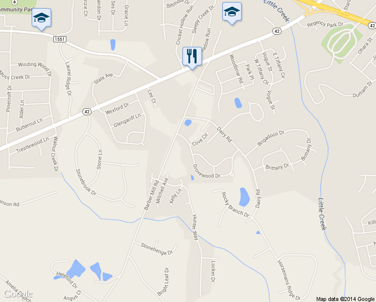 map of restaurants, bars, coffee shops, grocery stores, and more near 1309 Grovewood Dr in Clayton