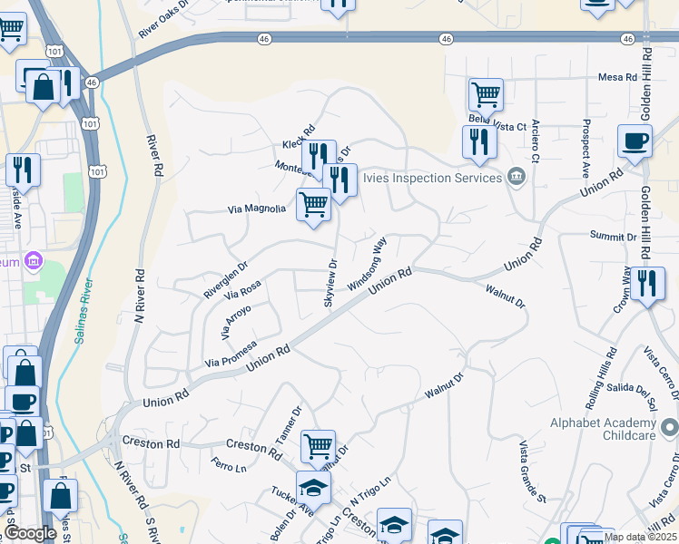 map of restaurants, bars, coffee shops, grocery stores, and more near 1612 Skyview Drive in Paso Robles