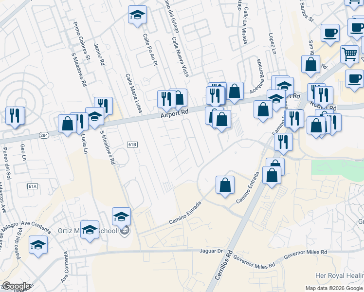 map of restaurants, bars, coffee shops, grocery stores, and more near 4650 Airport Road in Santa Fe