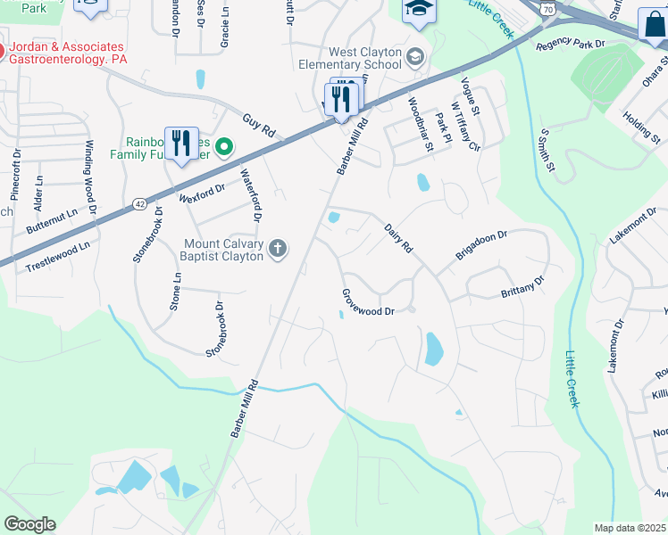 map of restaurants, bars, coffee shops, grocery stores, and more near 1309 Grovewood Dr in Clayton