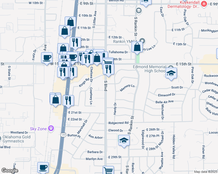 map of restaurants, bars, coffee shops, grocery stores, and more near 1704 South Boulevard in Edmond