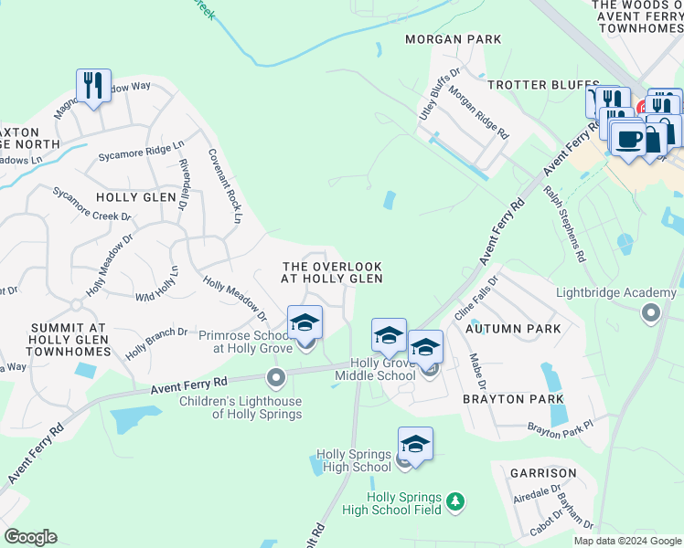 map of restaurants, bars, coffee shops, grocery stores, and more near 225 Harbor Fog Trail in Holly Springs