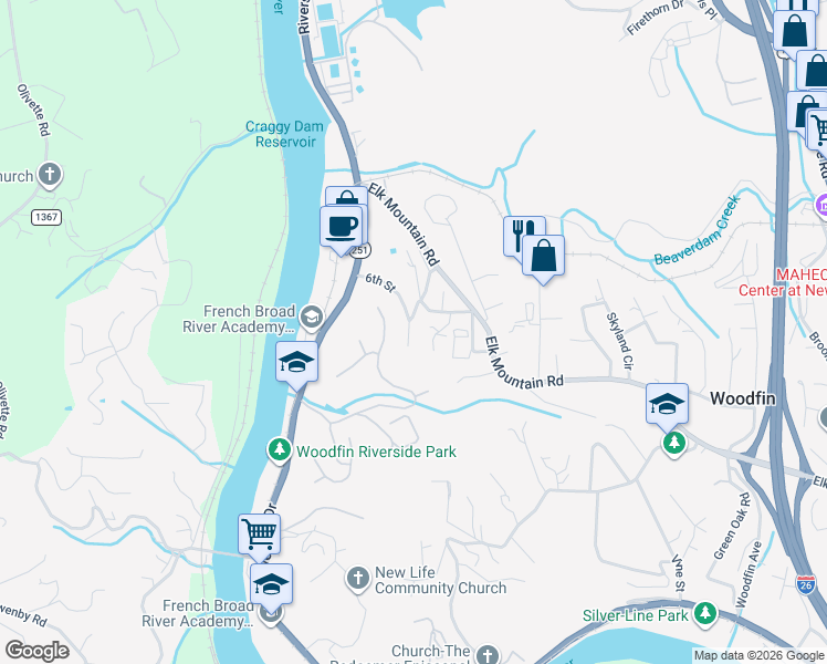 map of restaurants, bars, coffee shops, grocery stores, and more near 42 6th Street in Woodfin