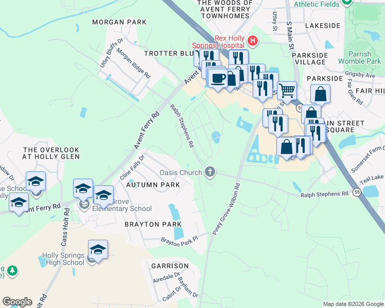 map of restaurants, bars, coffee shops, grocery stores, and more near 740 Piney Grove-Wilbon Road in Holly Springs
