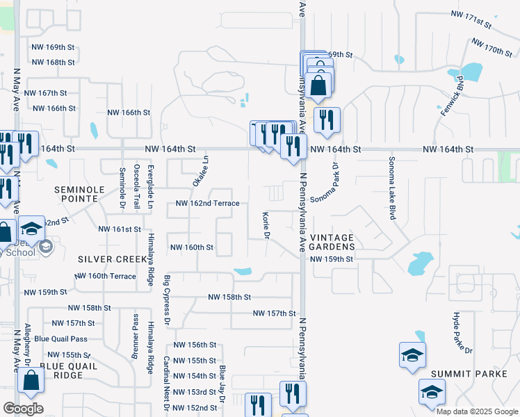 map of restaurants, bars, coffee shops, grocery stores, and more near 16113 Korie Drive in Edmond