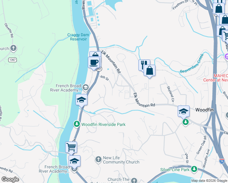 map of restaurants, bars, coffee shops, grocery stores, and more near 42 6th Street in Woodfin