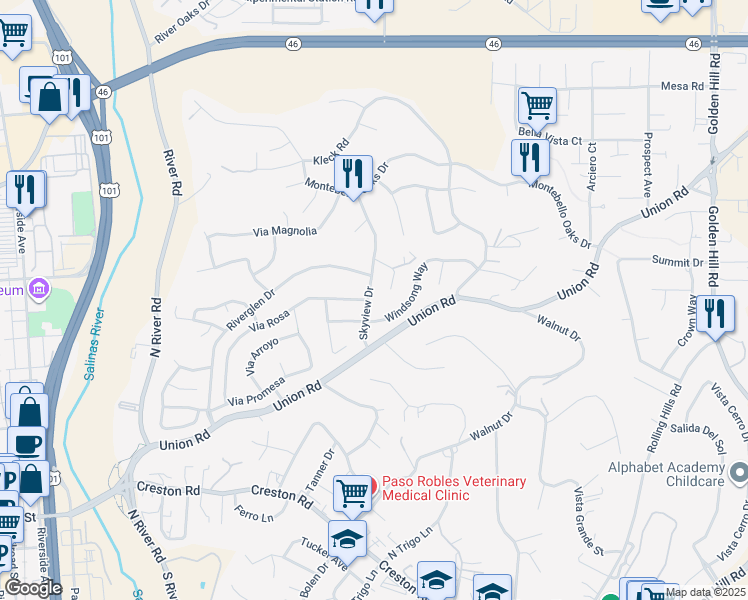 map of restaurants, bars, coffee shops, grocery stores, and more near 1612 Skyview Drive in Paso Robles